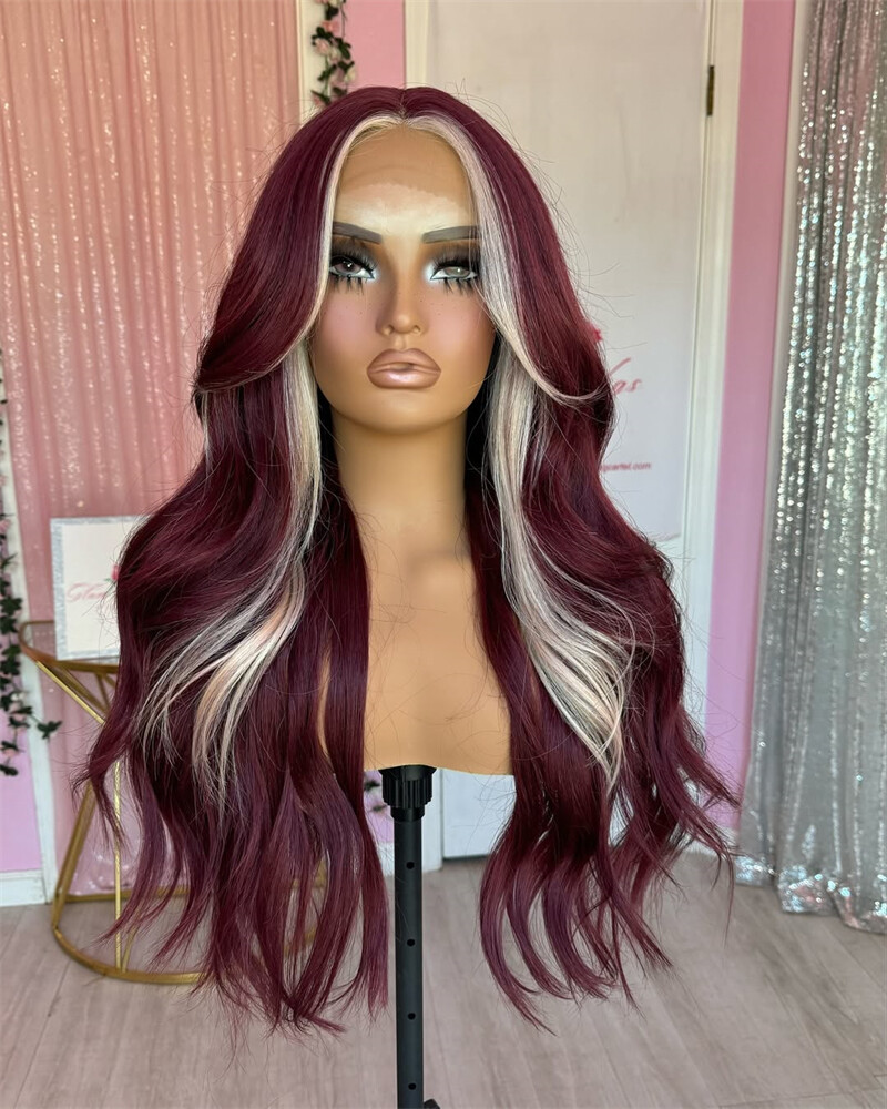 Burgundy Red with Blonde Highlight 13×4 Lace Front Wigs Human Hair Wig Body Wave