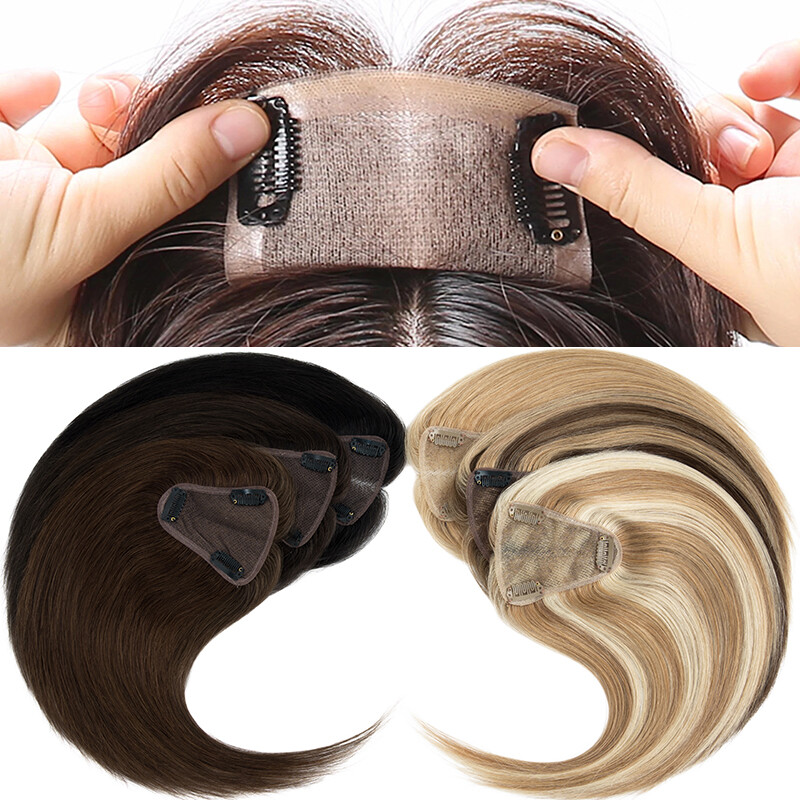 100% Remy Human Hair Extensions Clip In Silk Base Hairpiece Topper Free Part