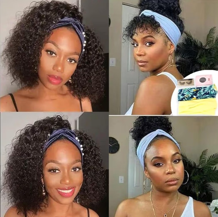 Deep Wave Headband Wig Human Hair 12 Inch Curly Headband Wigs for Black Women Hu