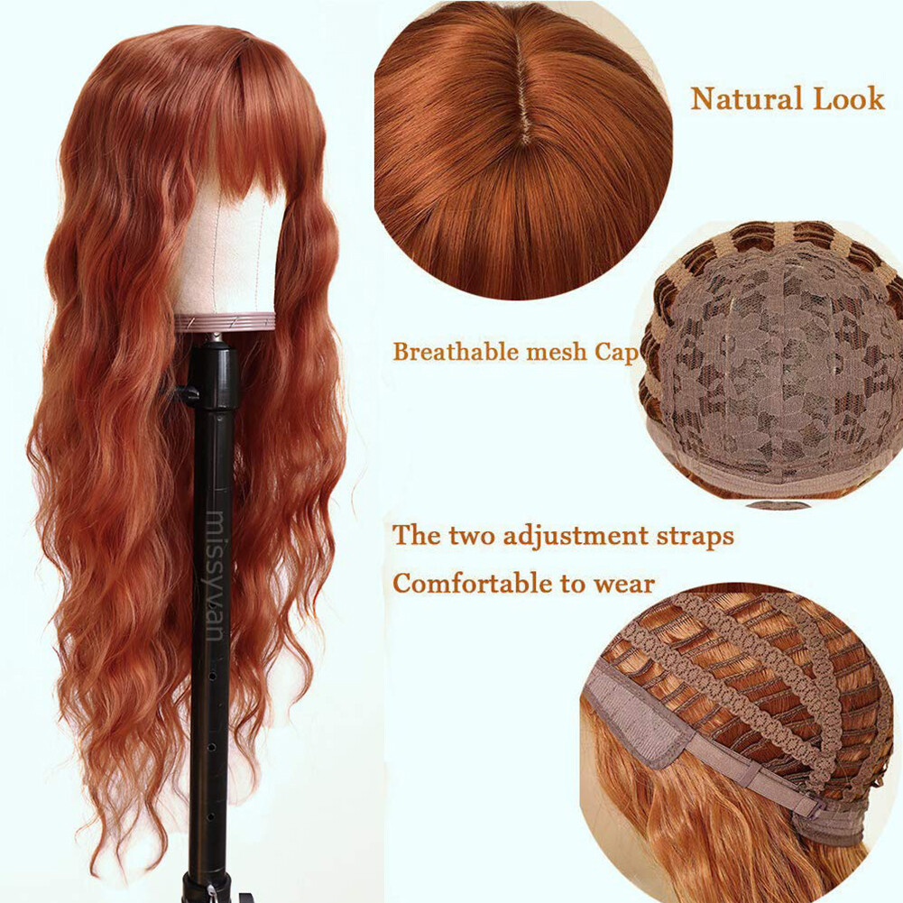 Long Loose Wavy Wig Orange Heat Resistant Synthetic Hair Wigs Full Bangs Natural
