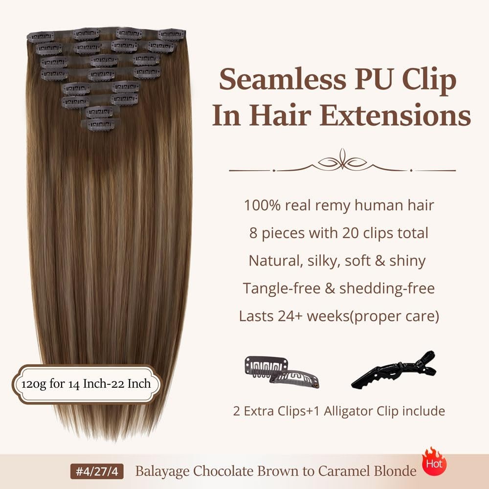 18″ 120g Clip In Hair Extensions, Real Remy Human Hair, Balayage Brown to Blonde