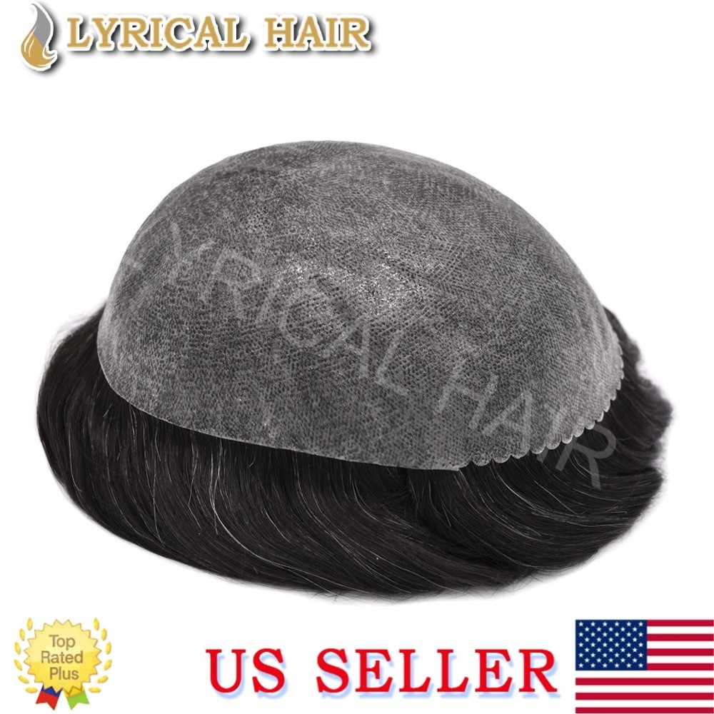 Lyrical Hair Full PU Mens Toupee Black Brown Grey Human Hair System Hairpiece US