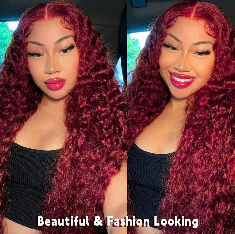200% Density Burgundy 99J 5×5 Deep Wave Transparent Lace Wigs