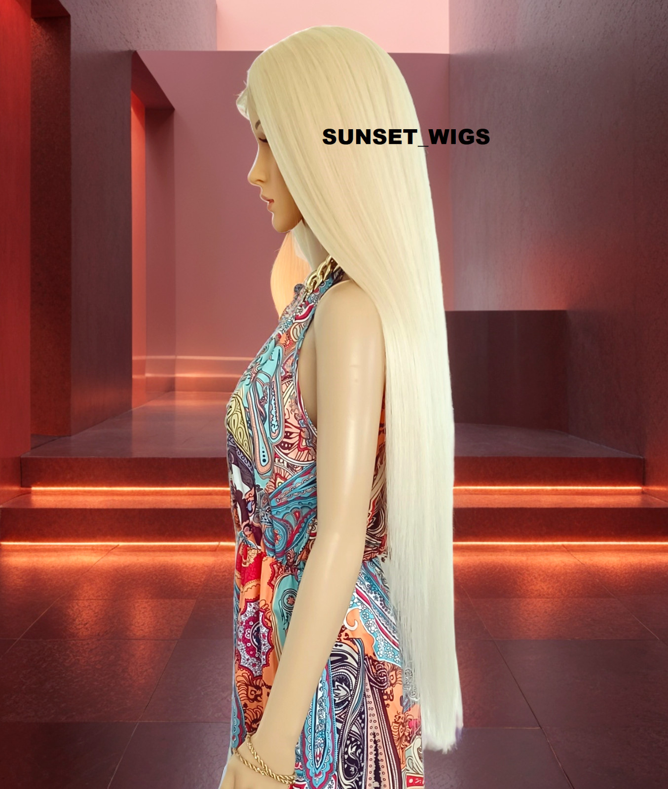 45″ LACE FRONT WIG EXTRA LONG STRAIGHT LAYERED MIDDLE PART BLEACH BLONDE HEAT OK