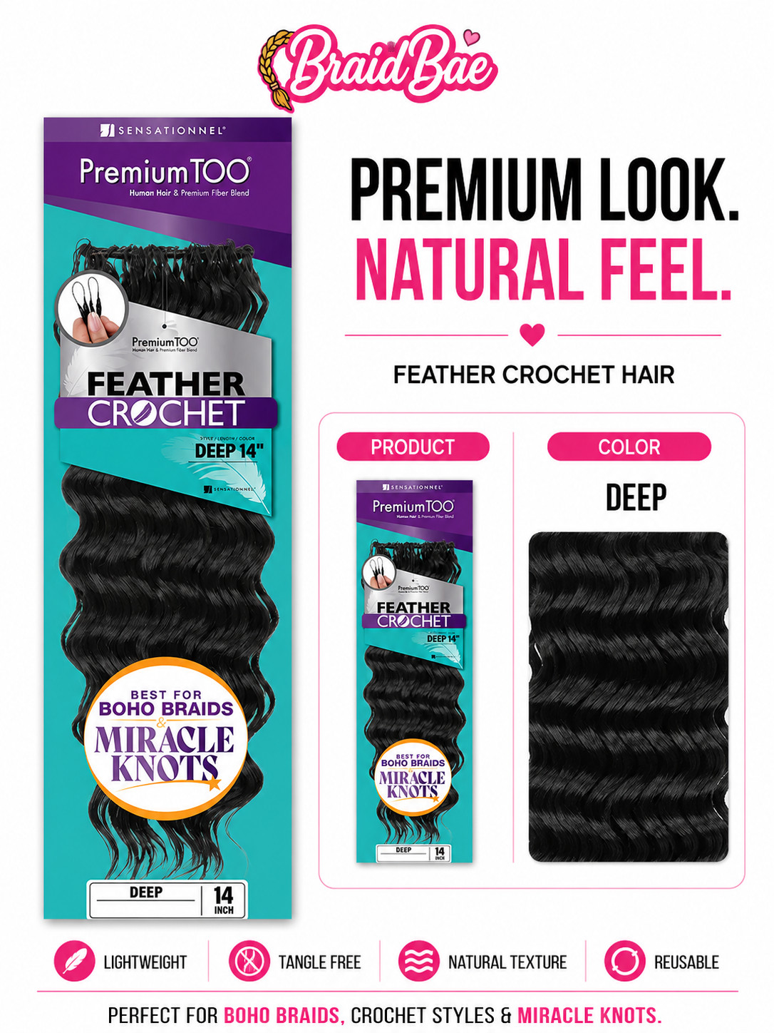 Miracle Knot Crochet Kit| Deep Wave Premium Too Feather Crochet + Braid + Needle