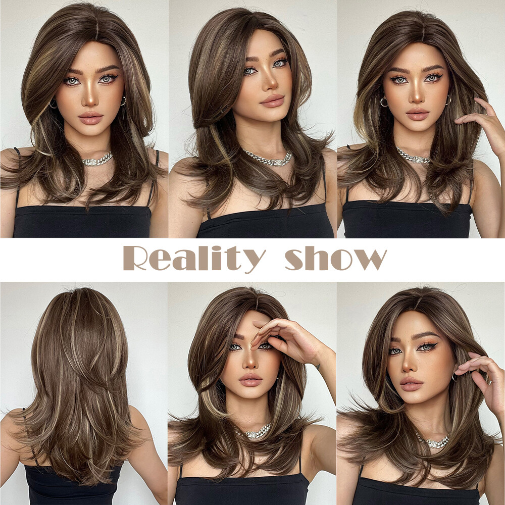Long Brown Blonde 20 inch Soft Hair Wigs with Side Bangs for Women Daily Party
