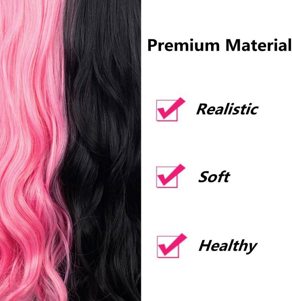 Half Pink Half Black Wavy Wigs Long Curly Wavy Split Synthetic Wig with Bangs Ha