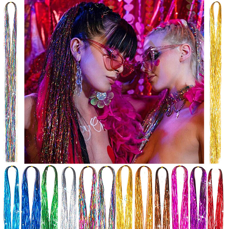 12 Colors 2400 Strands Hair Tinsel Kits Glitter Hair Extensions w/ Tool 47 Inch
