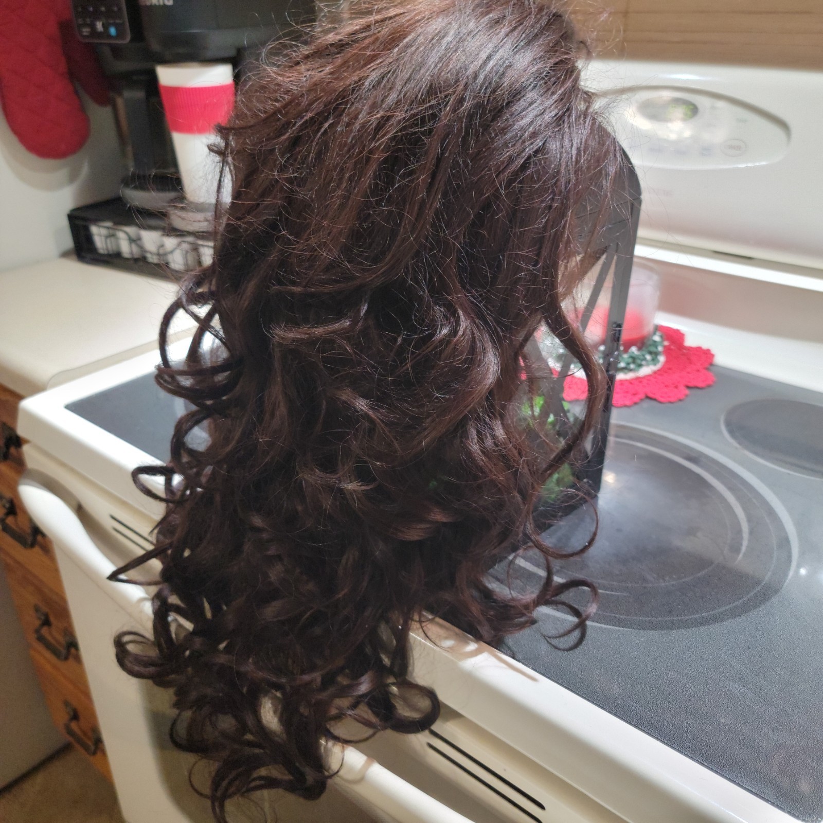 Vintage Elura 100%Mod Acrylic Fiber 21″ Fr Top Center Brunette Long Curly Wig
