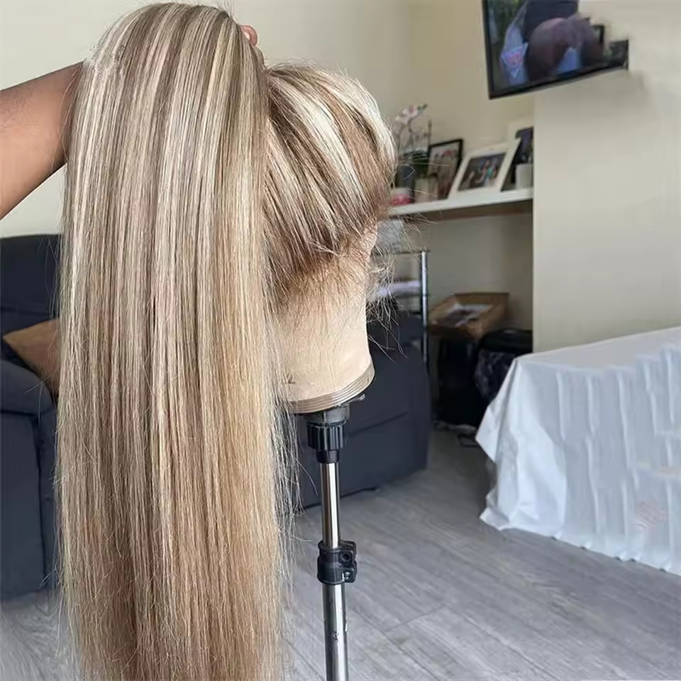 Streak Ash Blonde Brown Highlight Full Lace Front 100% Human Hair Wig for Women