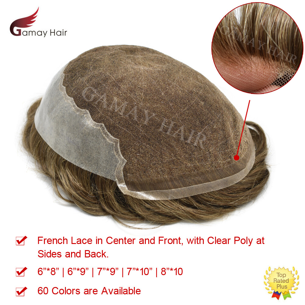 French Lace Front Mens Toupee Hairpeice Poly Skin Human Hair Replacement Systems