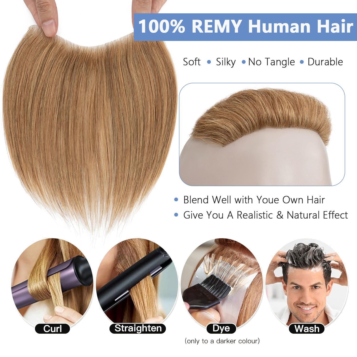 100% Human Hair Replacement System Thin PU Skin Toupee Wig Hairpiece Women Men M