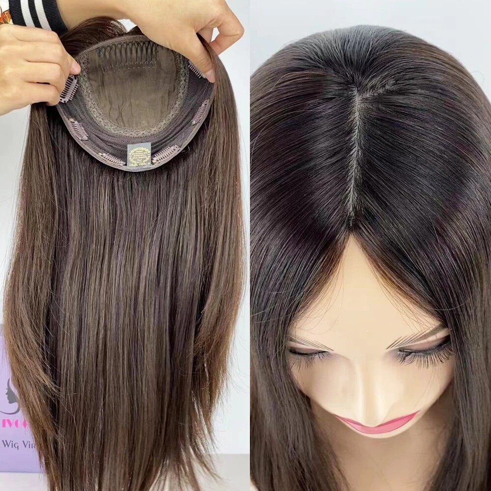 Brown Virgin Human Hair Jewish Topper Silk Base Kosher Sheitel HairPiece Women