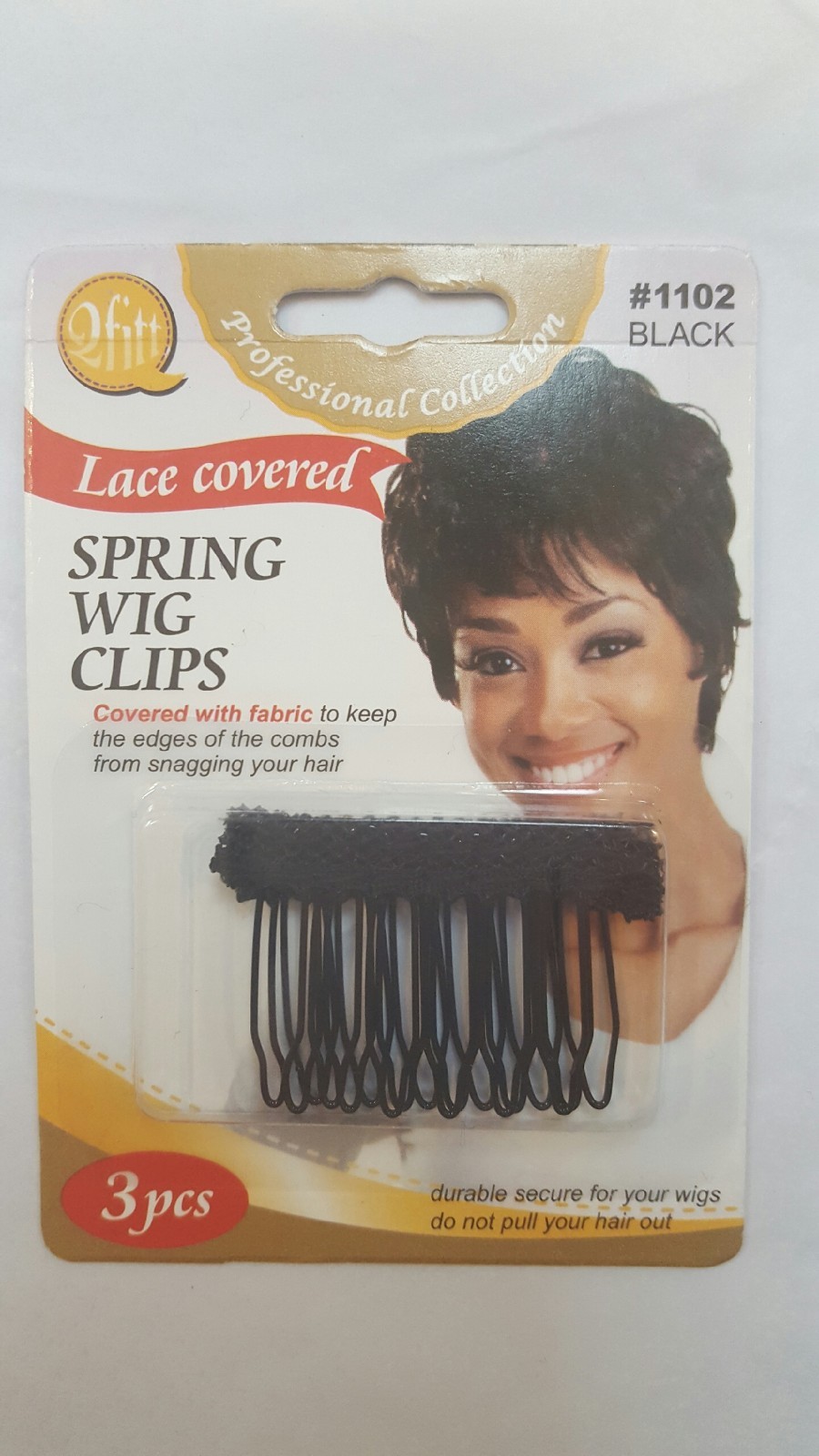 Qfitt Lace Covered Spring Wig Clips Fabric Edges Hair Comb 3pcs/1PK #1102 Black