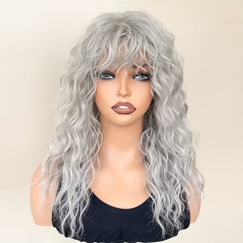 Women’s Gray White Fluffy Water Wave Long Curly Wig Heat Resistant Synthetic