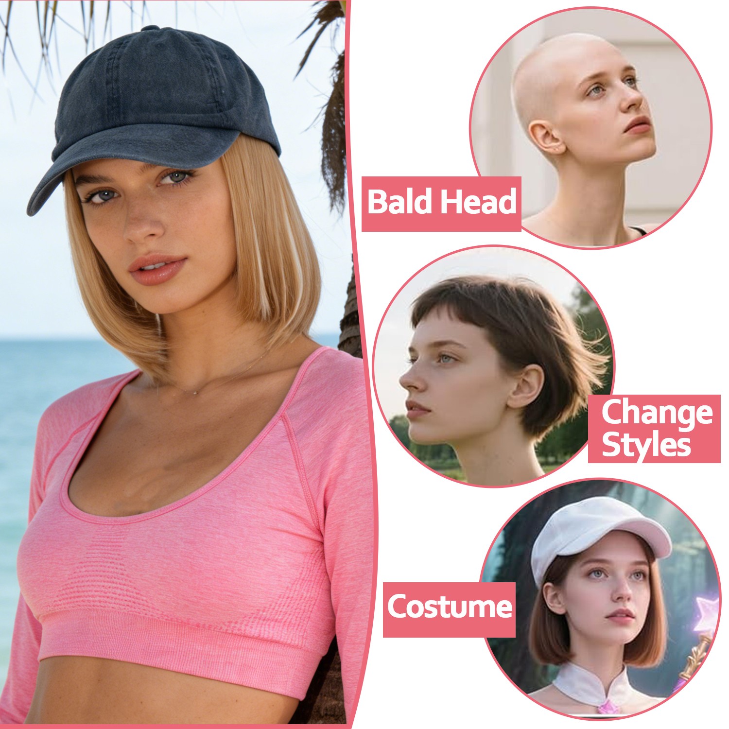 Instant Style 6″ Straight Cap Wig Adjustable Baseball Hat with Attached Hair Wig