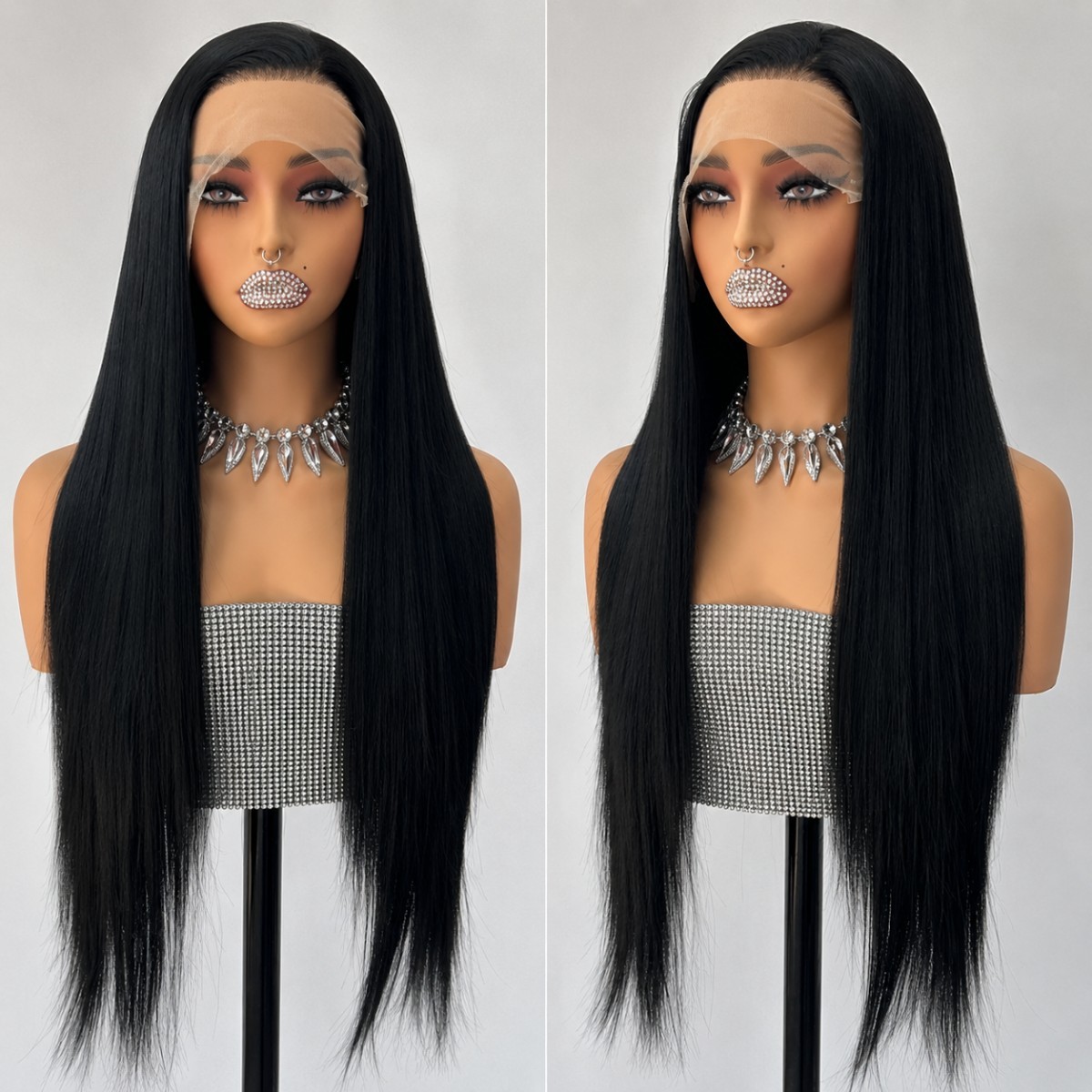 Heat Resistant Synthetic Hair Long Straight Lace Frontal Wig Black