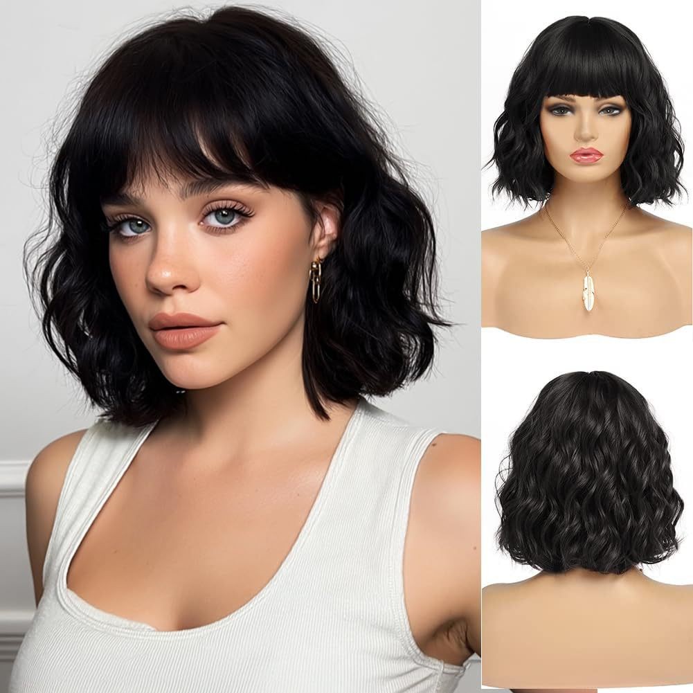 Mixed Color Water Wave Short Curly Wig with Bangs Heat Resistant Synthetic Full