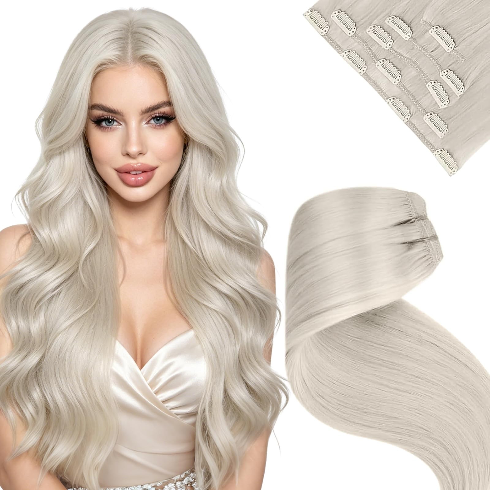 Platinum Blonde Clip-In Hair Extensions, 20″ Real Human Hair, 5pcs, 80g