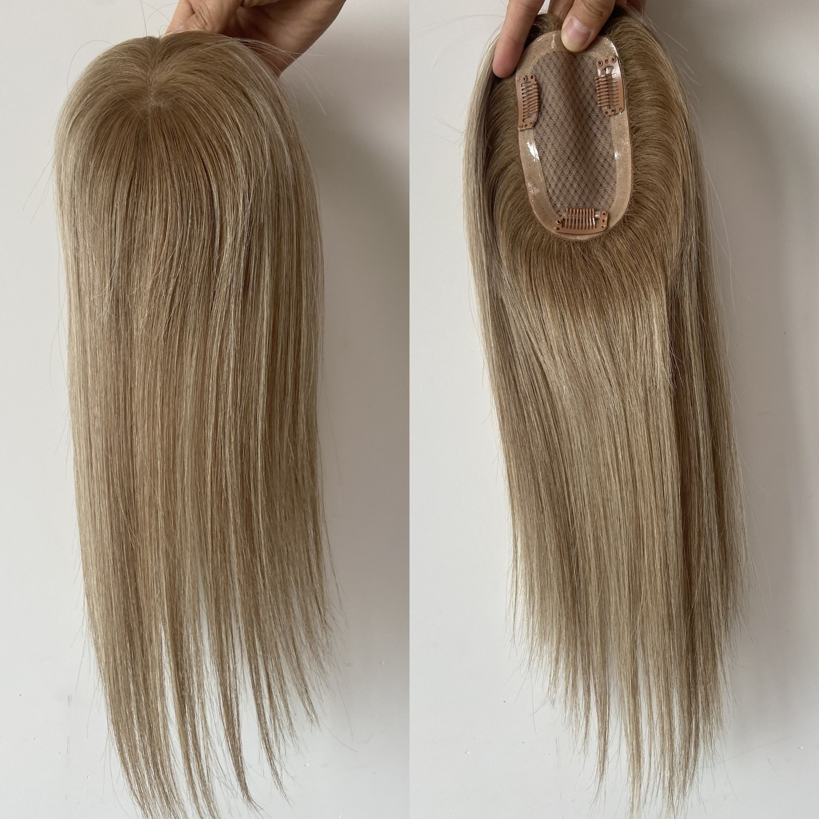 PREMIUM 100% HUMAN HAIR CLIP IN 3X5 MONO TOPPER OMBRE ASH BROWN ROOTS HAIR PIECE