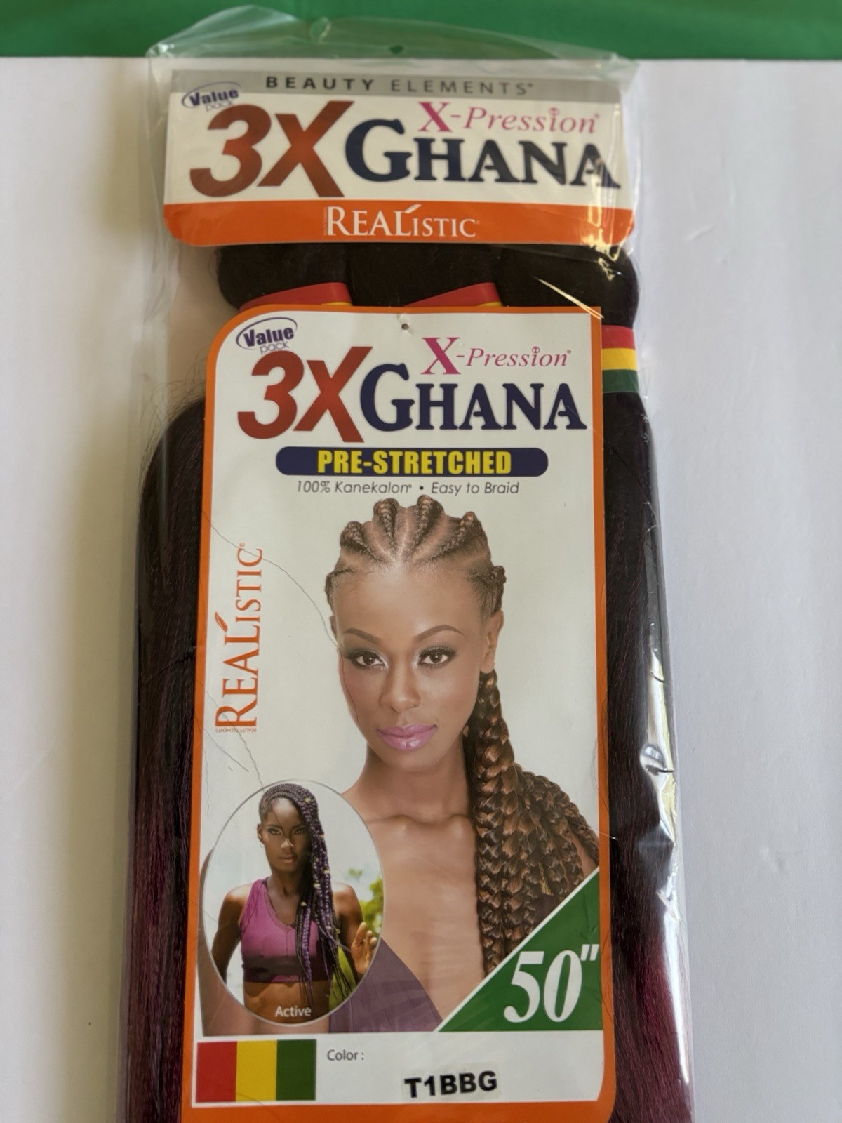 Realistic 50” 3X GHANA PRE STRETCHED 100% Kanekalon – Color T1BBG Brand New