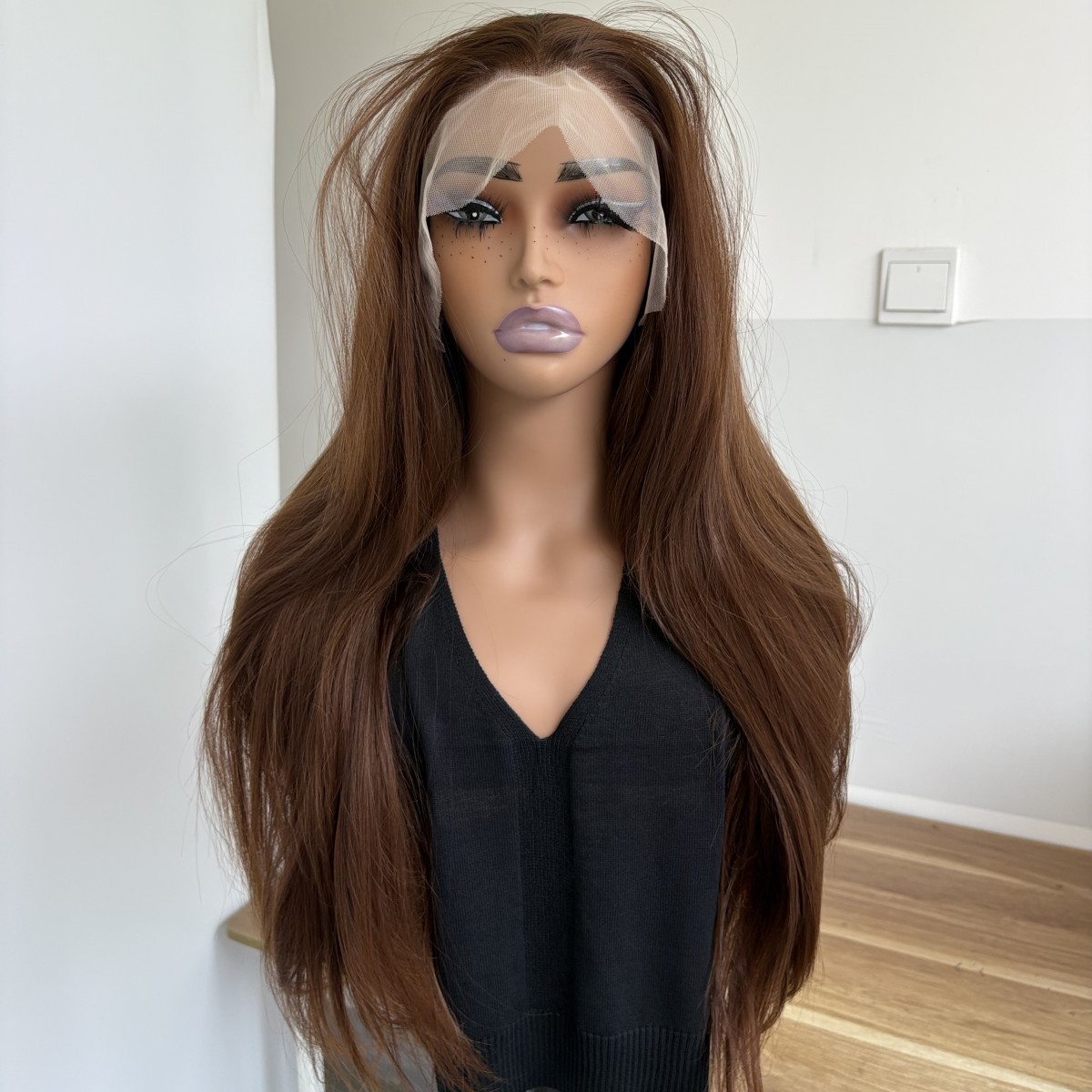 Dark brown Frontal Lace Wigs Long Straight Women Heat Resistant Hair