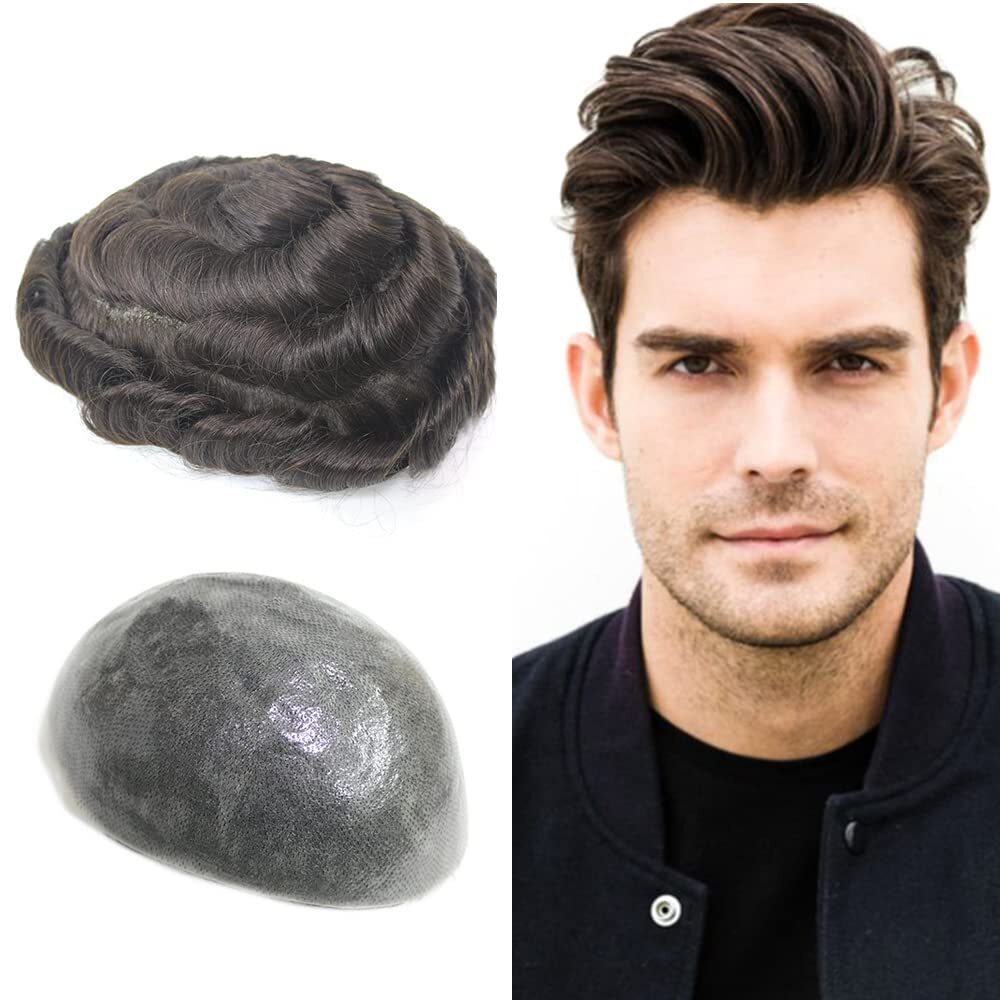 Size 8×10″ Dark Brown Mens Toupee Human Hair With European 100%human Hair Base