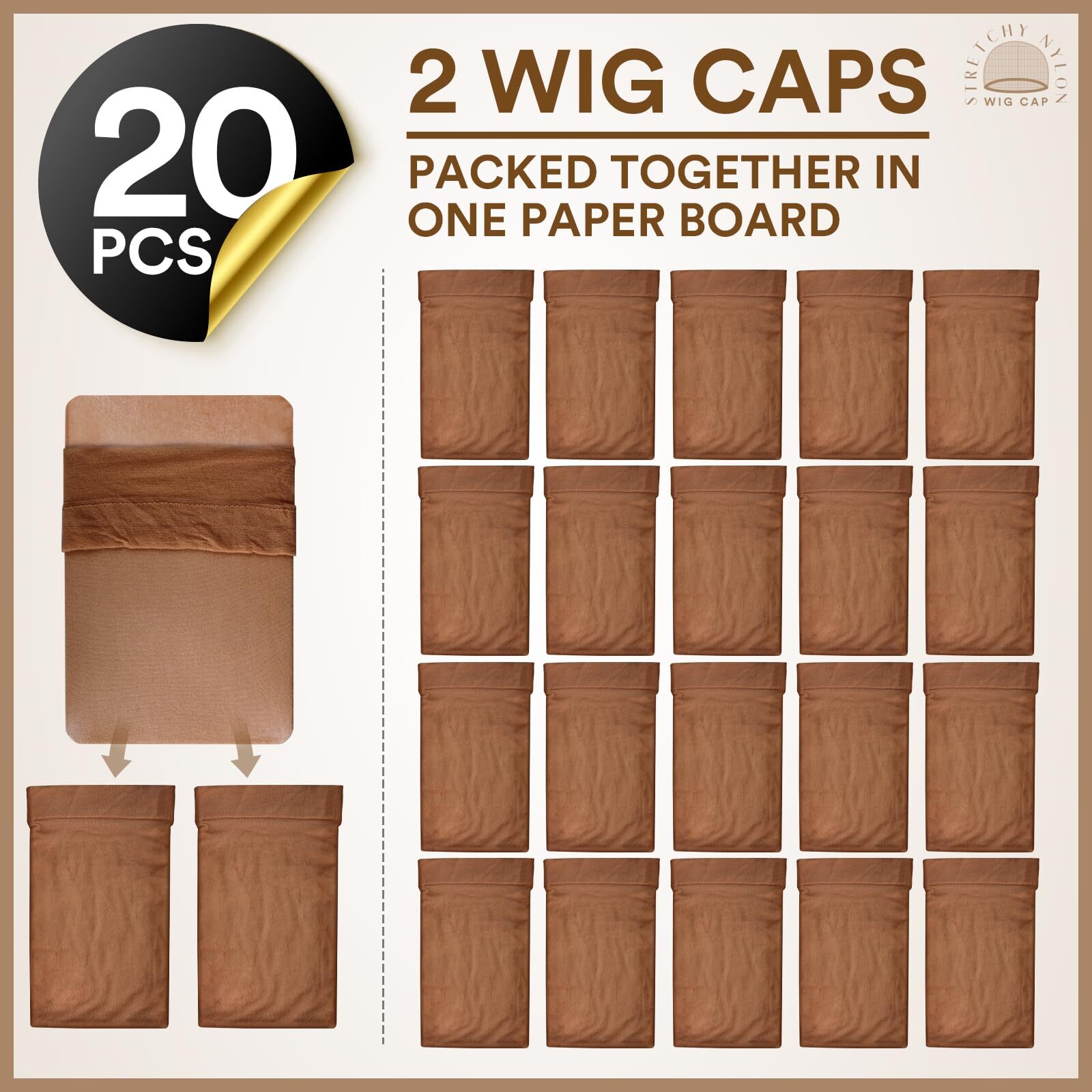 Teenitor 20 Pack Brown Stocking Cap Stretchy Nylon Wig Caps Skin Tone Stocking
