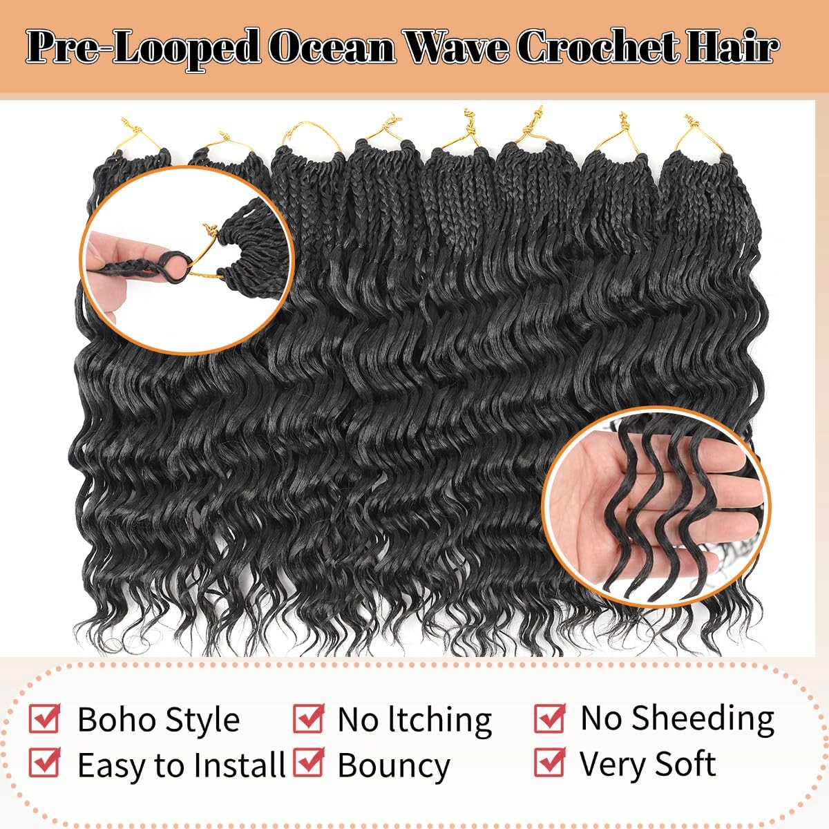14 Inch Ocean Wave Crochet Hair 8 Packs – Synthetic Pre-Looped Deep Wavy Curl…