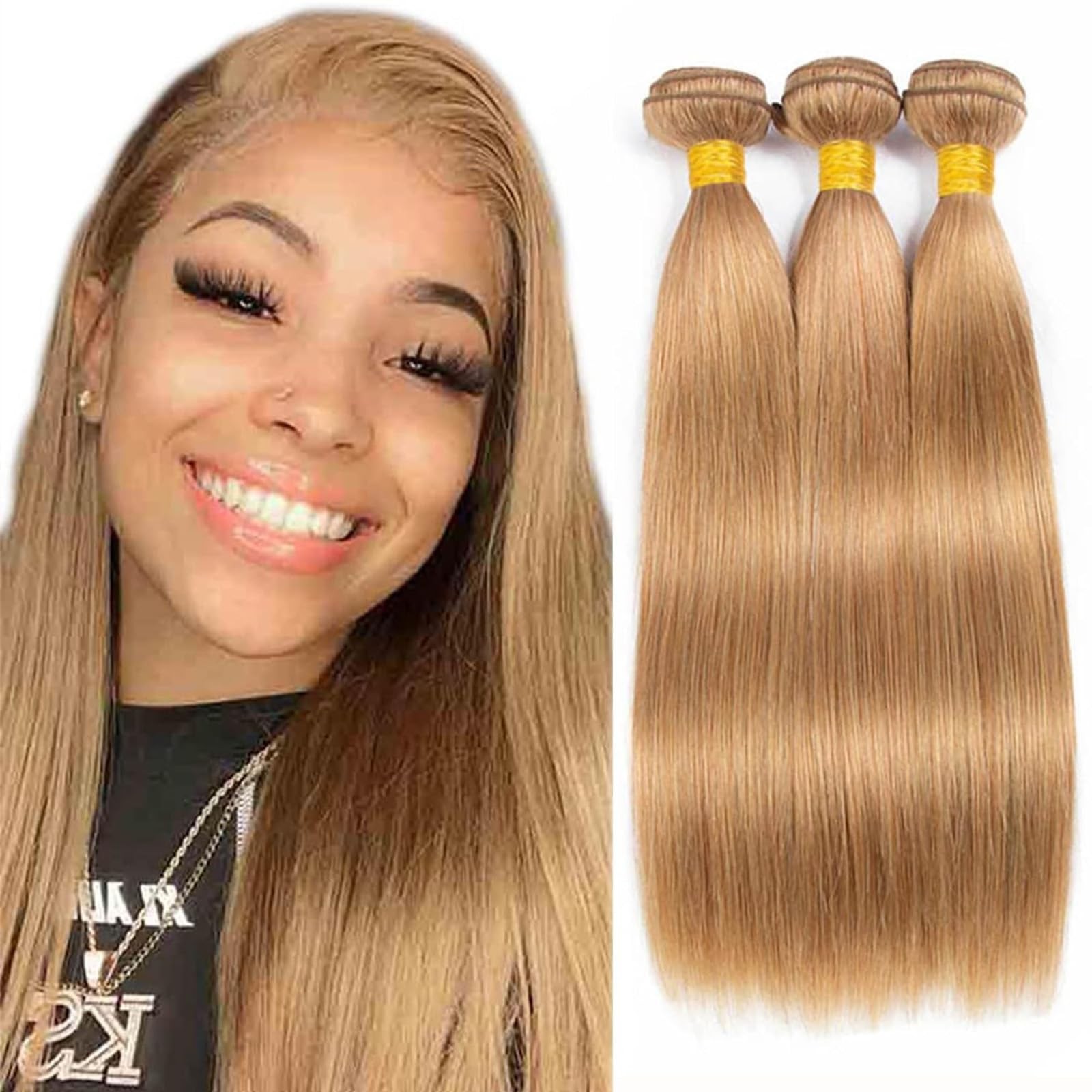 Fabimiya 8 10 12 Inch Human Hair Bundles Honey Blonde 27 Straight Bundles Human