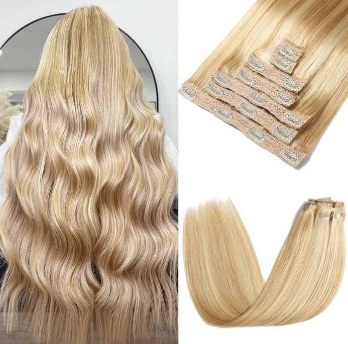 Dalise 24″ Clip In Human Hair Extensions Dirty Blonde Bleach Highlight 7pc 120g