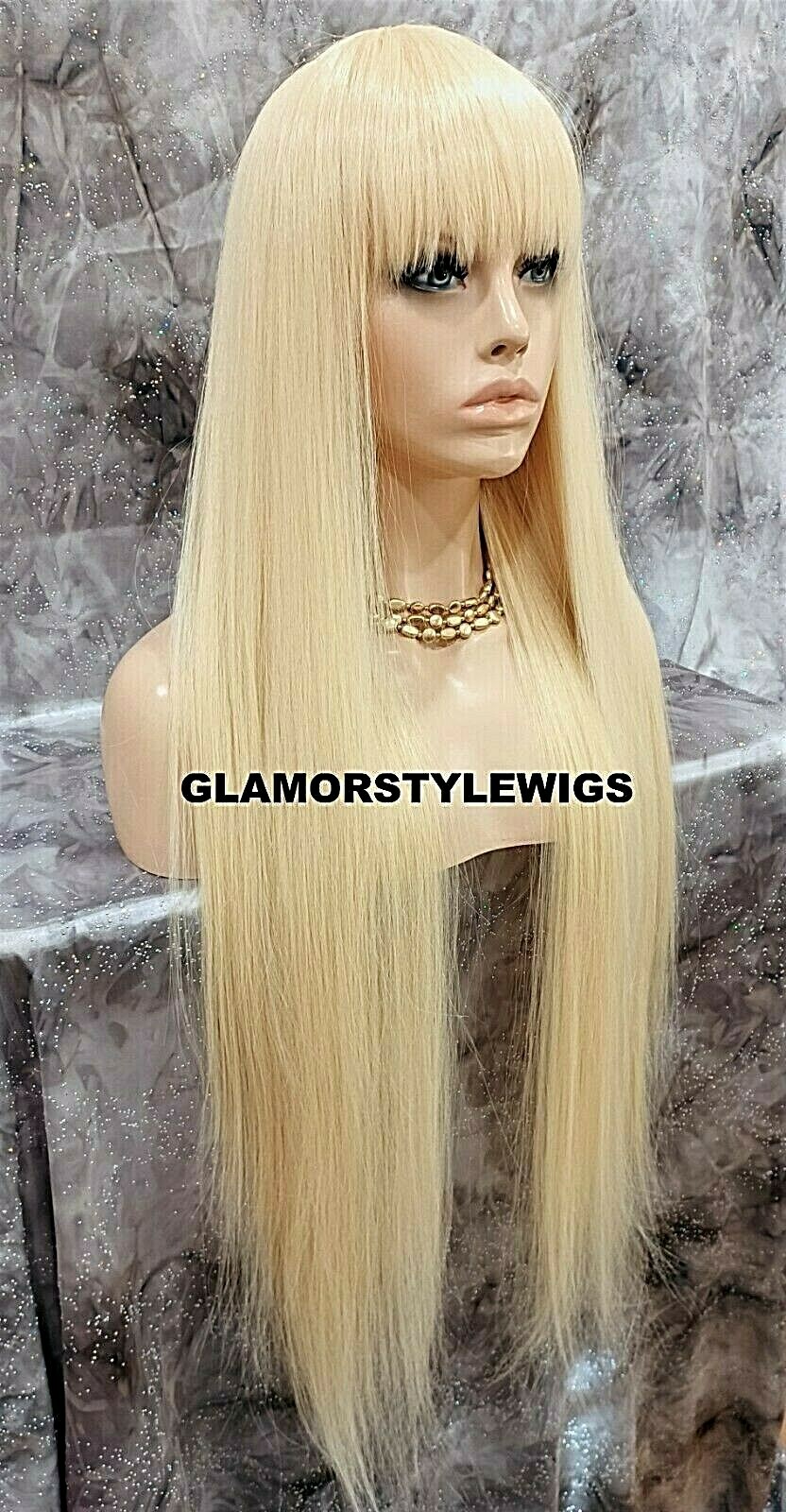 43” FULL WIG LONG LAYERED STRAIGHT W BANGS BLEACH BLONDE HEAT OK #613