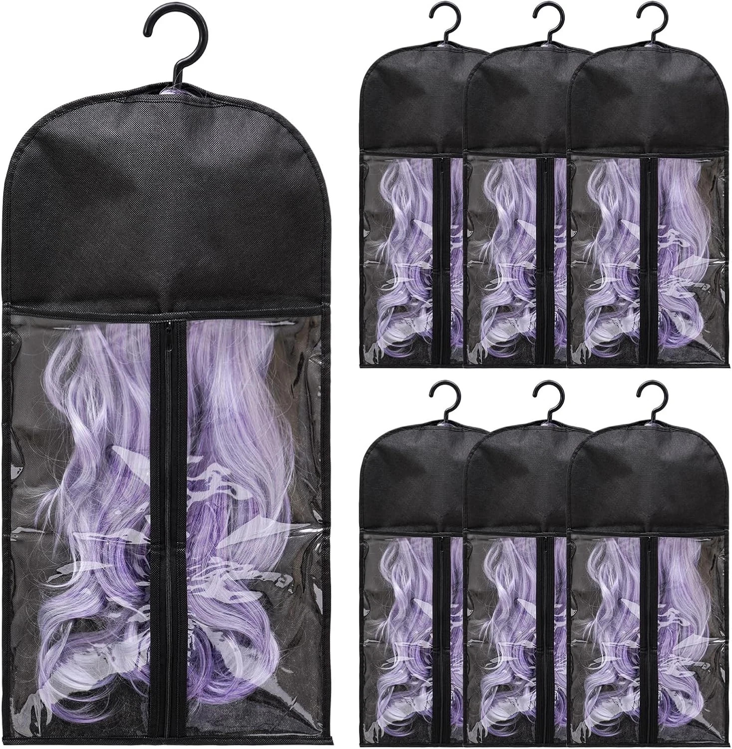 6-Pack Hair Extension Holder – Wig Storage Bags with Hanger for Multiple Wigs, D