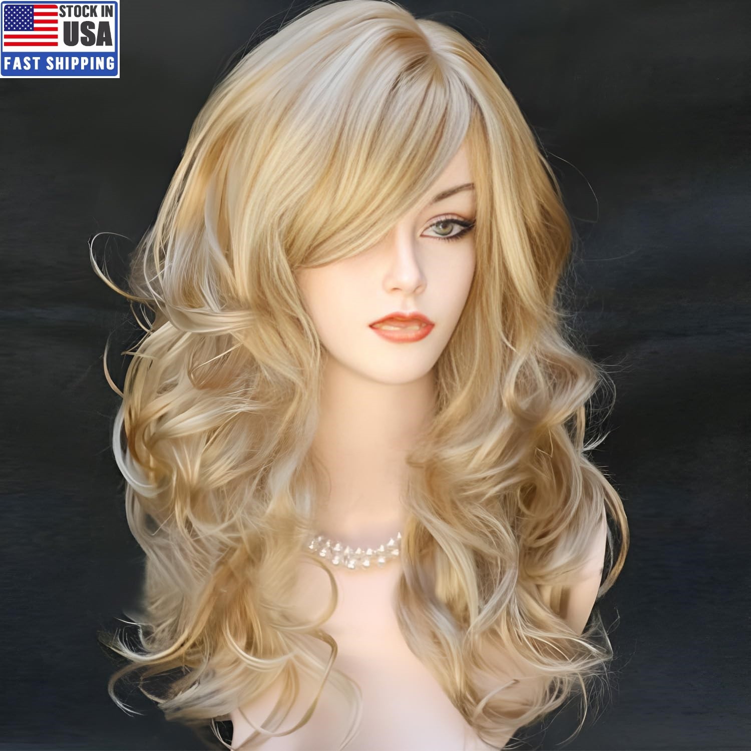 23inch Blonde Wig With Bangs Long Wavy Blonde Curly Wigs for Women Synthetic