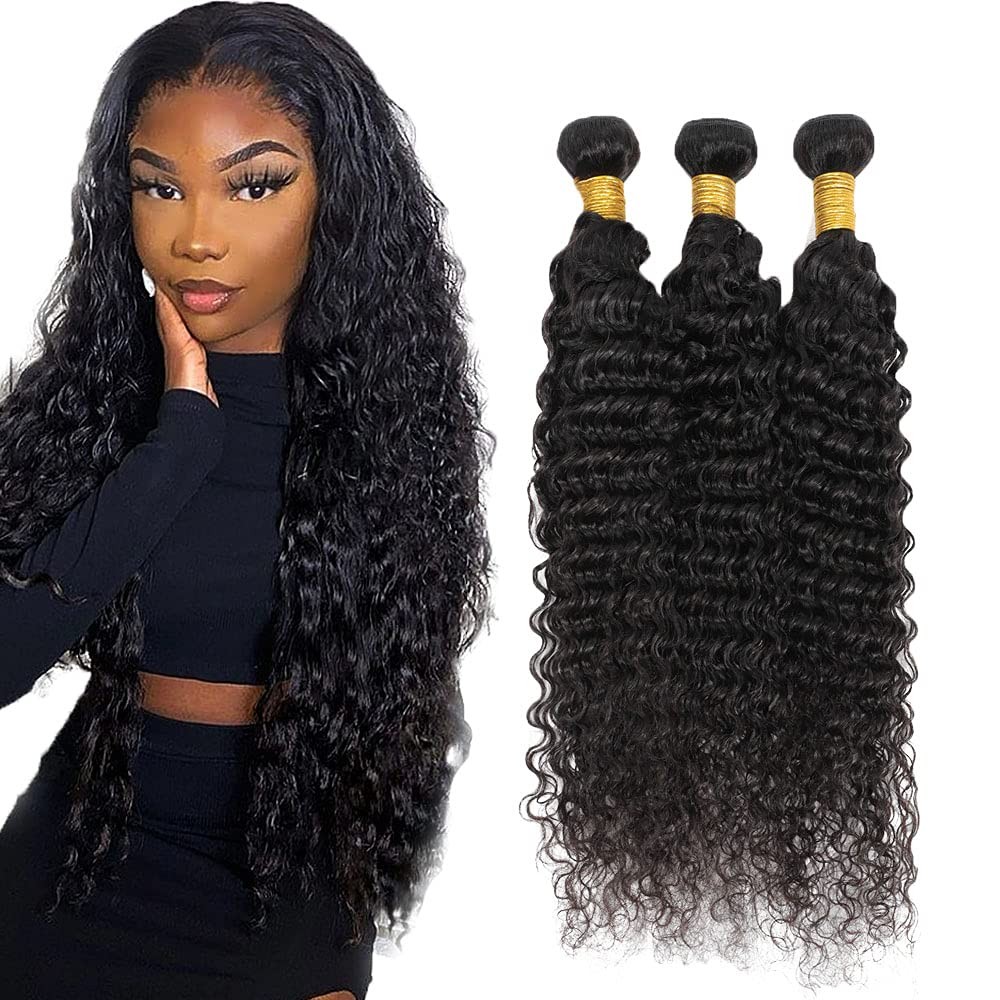 Human Hair Bundles #1B Natural Color Deep Wave Bundles 12 14 16 Inch Unproces…
