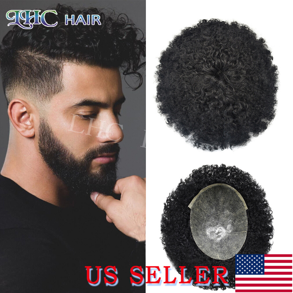 Afro Curly Toupee For Black Men Full Poly PU Skin Hairpiece Hair Replacement Wig