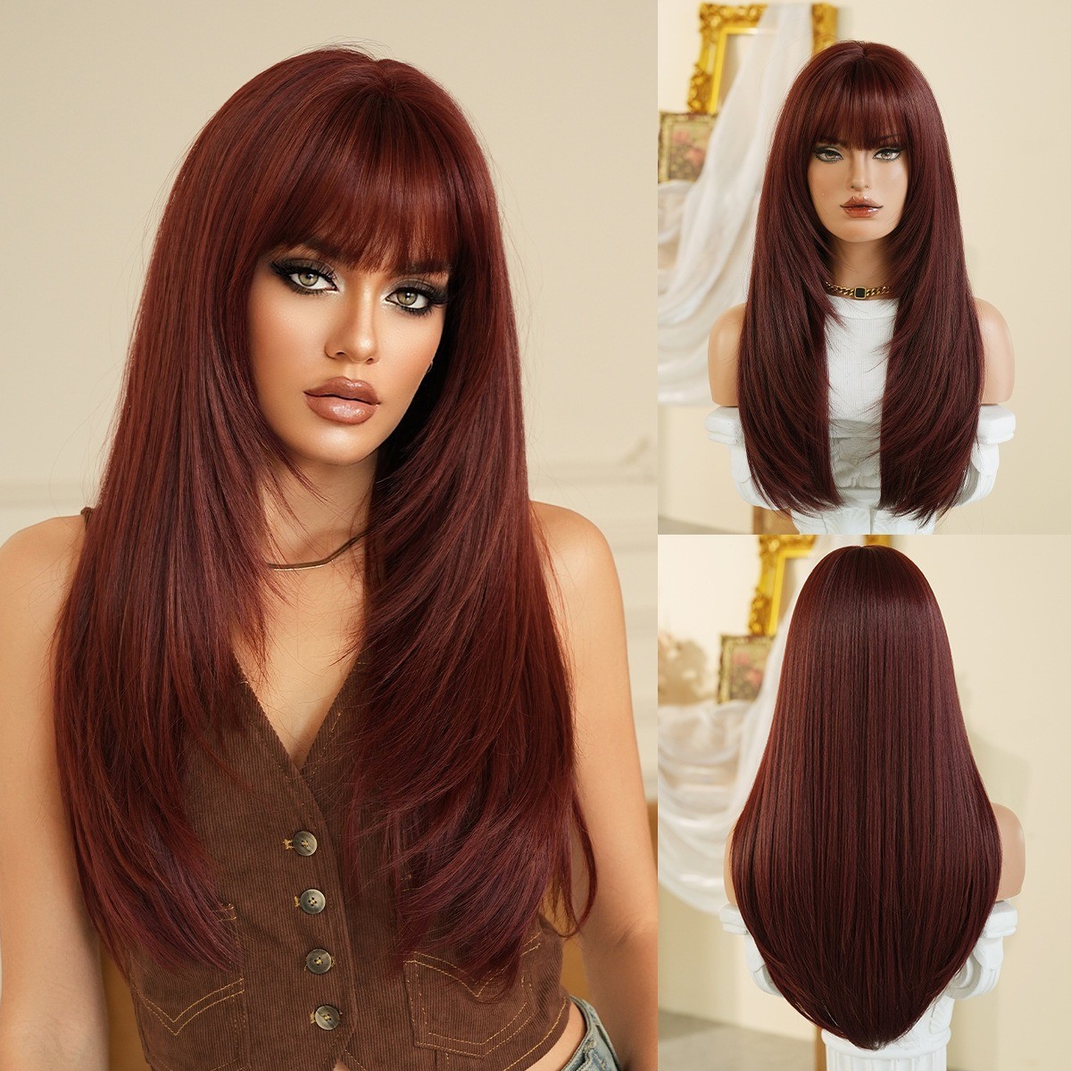 Long straight hair multi-layered fringe with fluffy synthetic heat-resistant fib