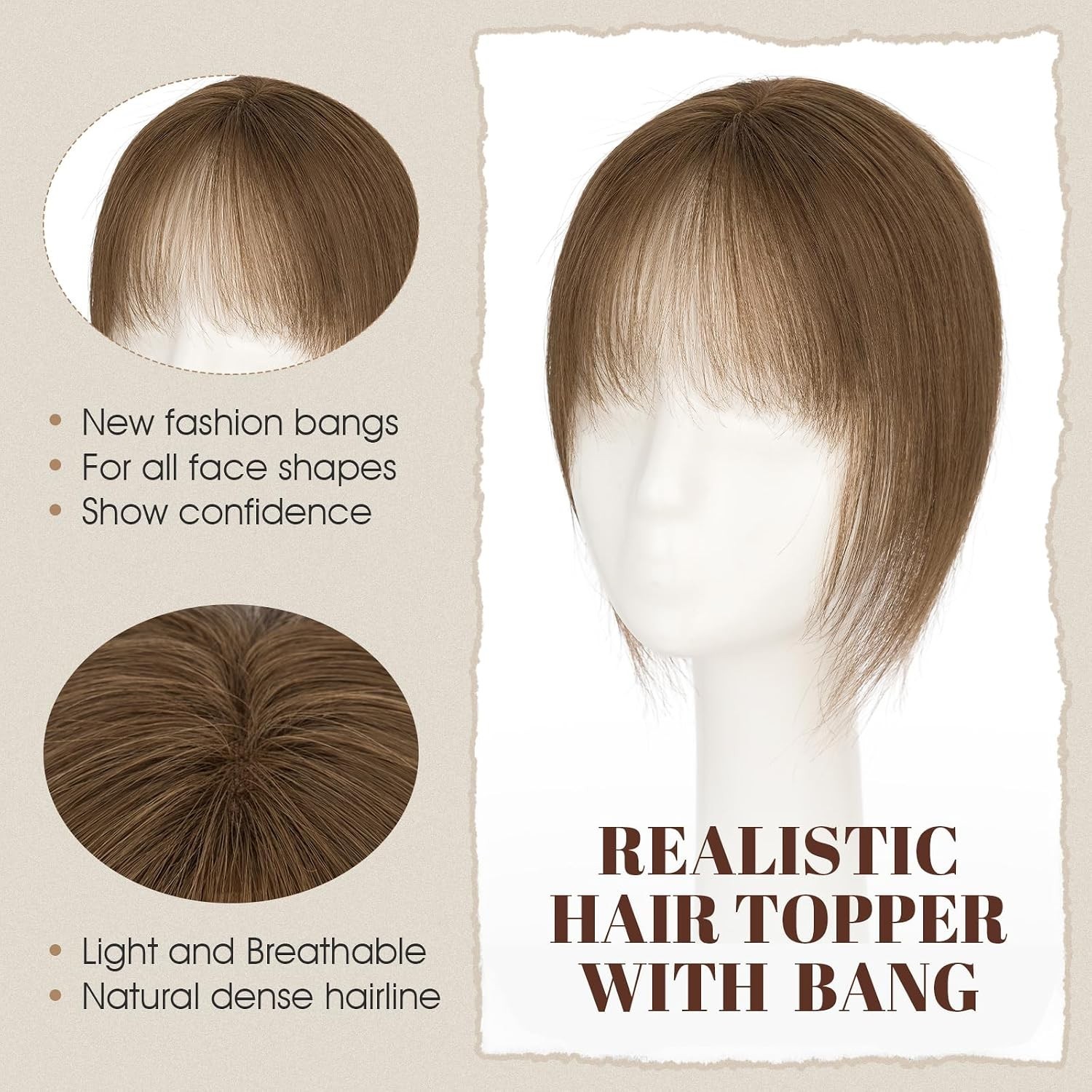 Hair Topper 100% Remy Human Hair, #4 Medium Brown, 10″ w/ Air Bangs FREE SHIP!
