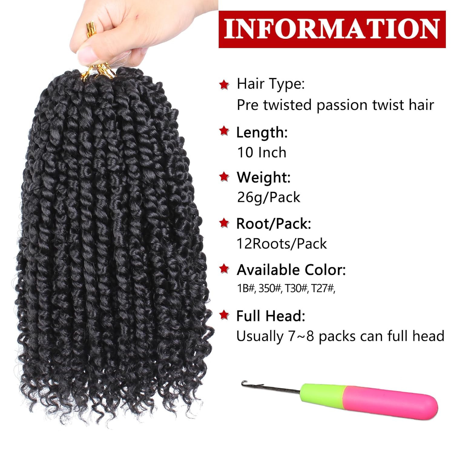 8 Packs Passion Twist Crochet Hair 10 Inch Pre Twisted Natural Black Passion Twi