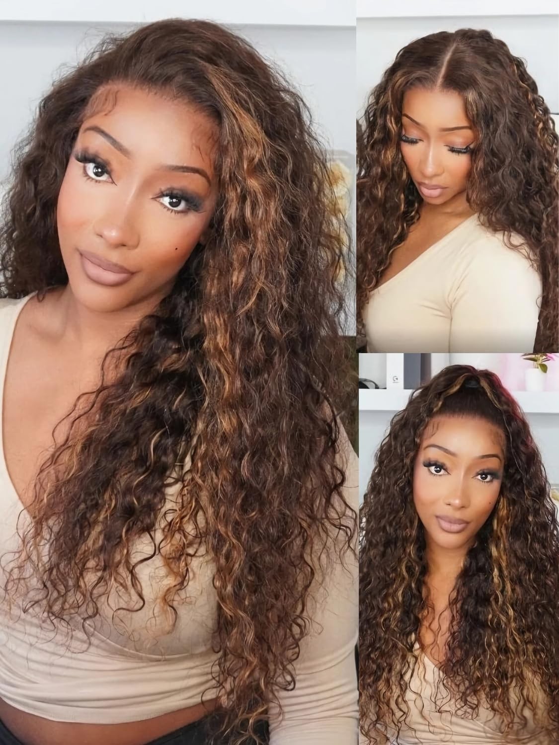 Golden Brown Highlight Deep Wave 22″ HD Lace Closure Glueless Wig, Pre-Plucked,