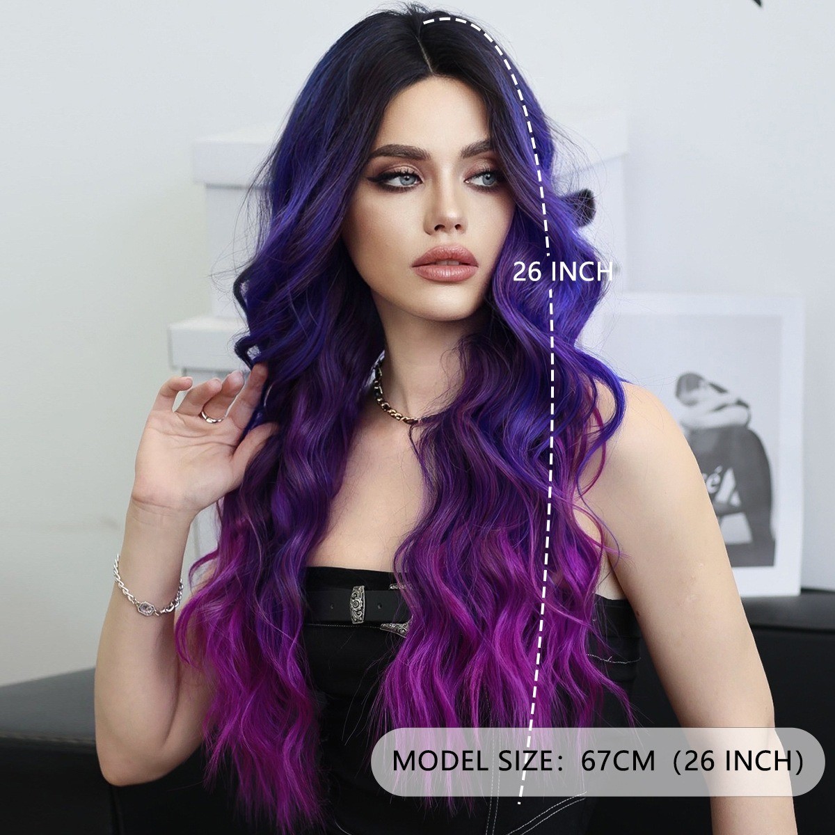 Dreamy purple-blue Lace wig with dreamy purple-blue gradient parted wavy curls