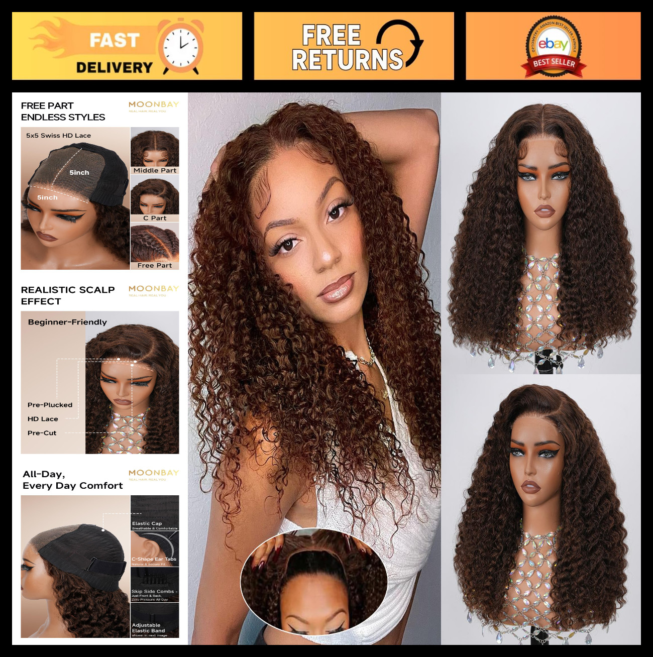 22in Chocolate Brown Deep Wave Glueless Human Hair Wig – 5×5 HD Lace Closure, 20