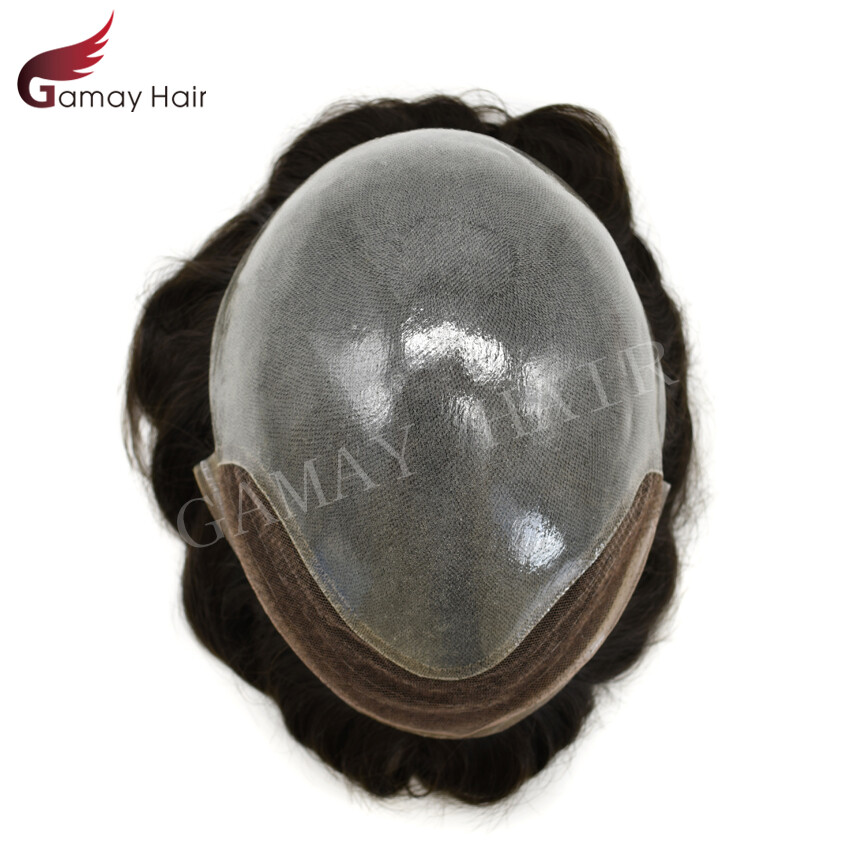 Mens Toupee French Lace Front Hairpieces Poly Skin PU Human Hair Systems for Men