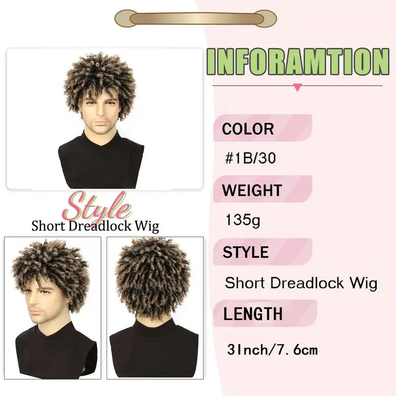 Men’s Short Afro Kinky Curly Synthetic Wig African American Twist Hair Black Bro