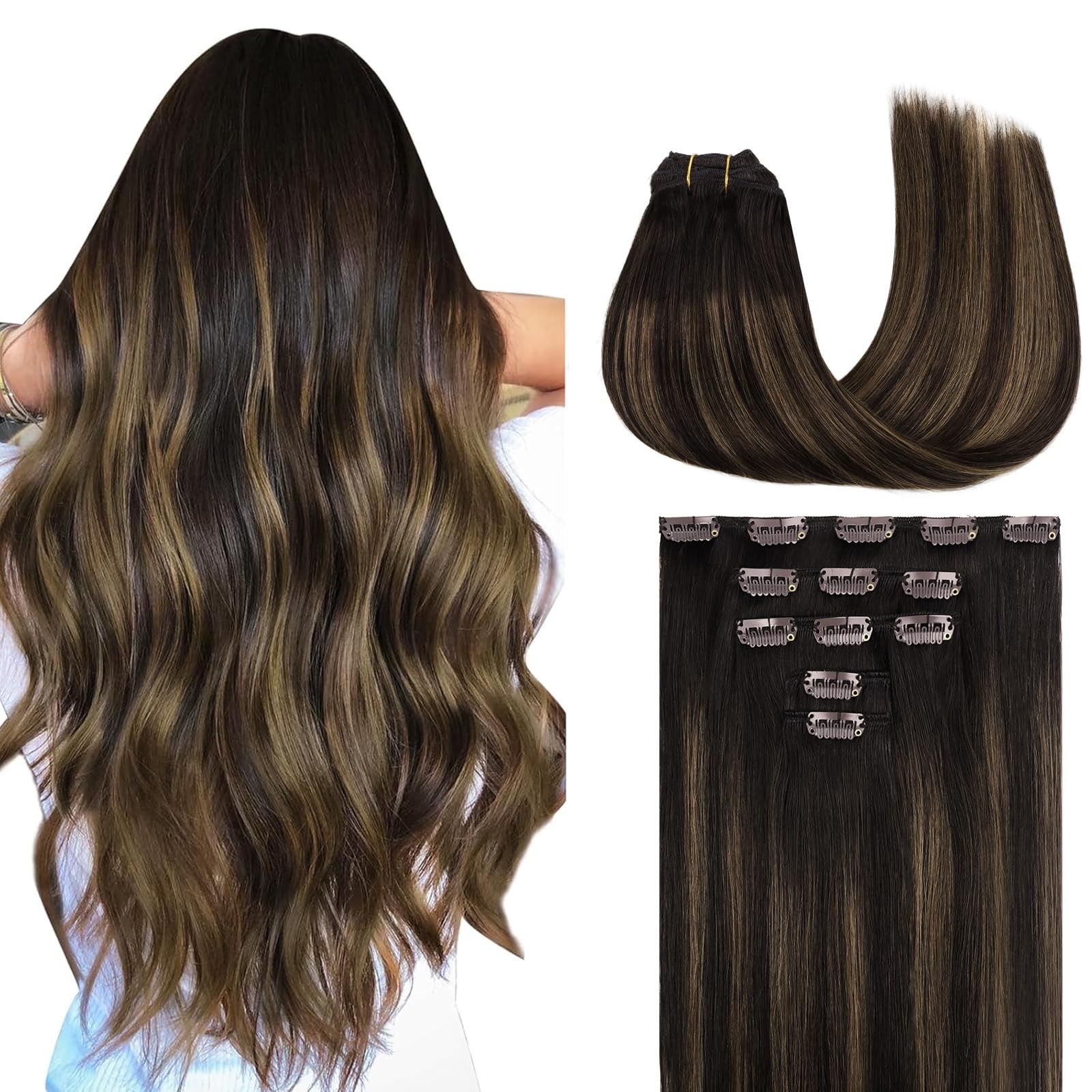 MAXITA 70g Clip-in Human Hair Extensions Balayage Dark Brown Mixed 5pcs