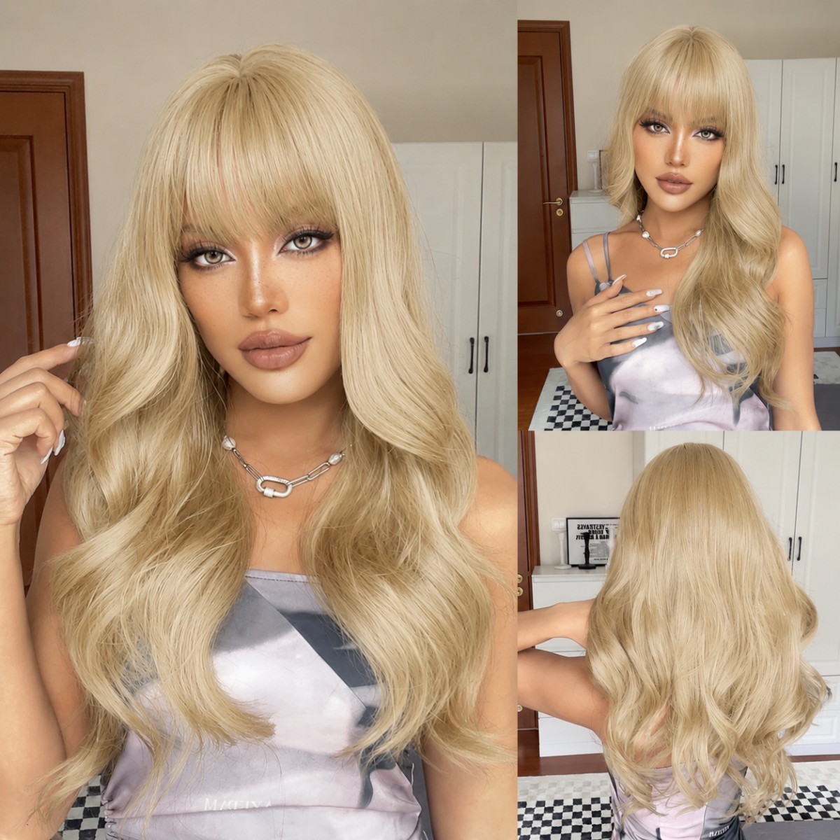 Cosplay Party Wig With Bangs Long Wavy Light blonde Synthetic Hair