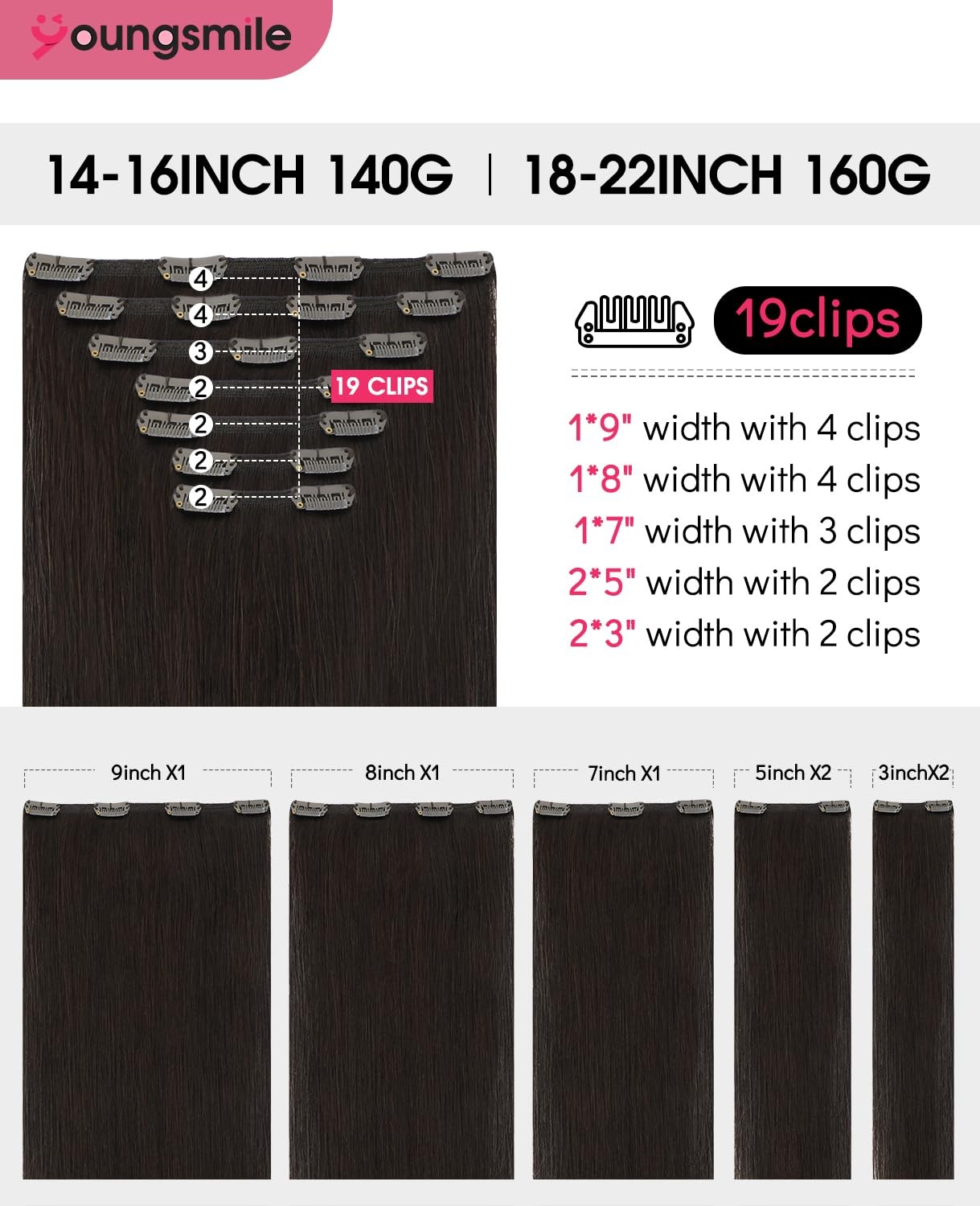 Youngsmile Clip In Hair Extensions Real Human Hair 14 Inch 7Pcs 140G Color 2