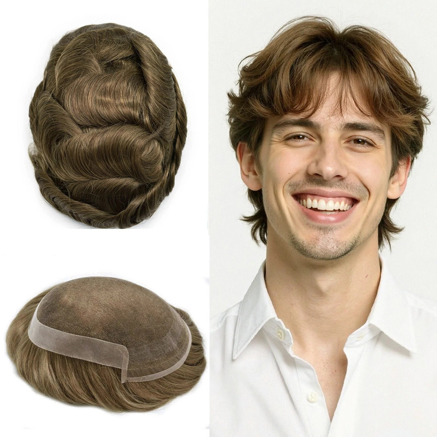 Mens Toupee French Lace Front Hairpiece Poly Skin PU Hair System Replacement US