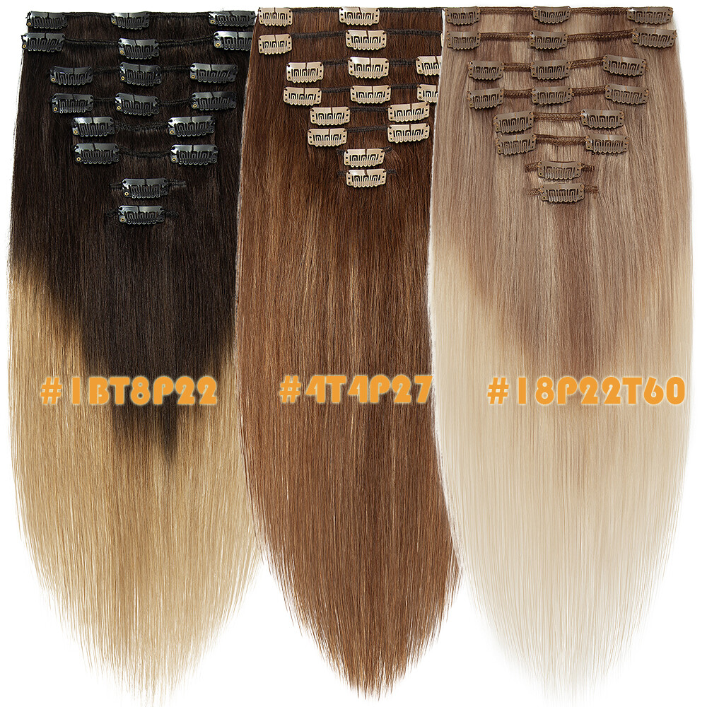 CLEARANCE 100% Human Hair Clip In Real Remy Hair Extensions Full Head Ombre 8PCS