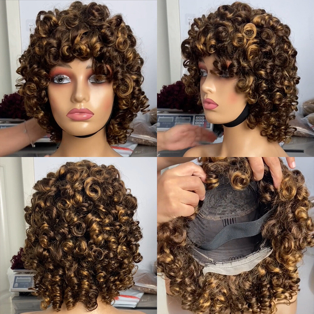 6 Inch Short Curly Human Hair Wigs Loose Bouncy Rose Curly Wigs With Bangs